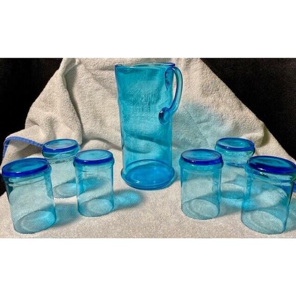 West Virginia Glass Pitcher With 6 Glasses 7 Piece Set - Bamboo Pattern Etched - Picture 8 of 9